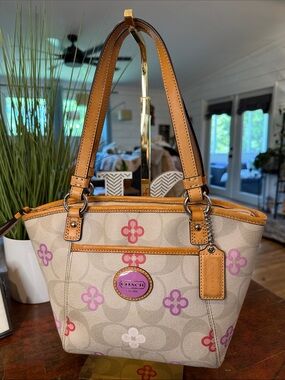Coach Peyton Canvas Tote in Tan with Pink and Purple Floral Accents